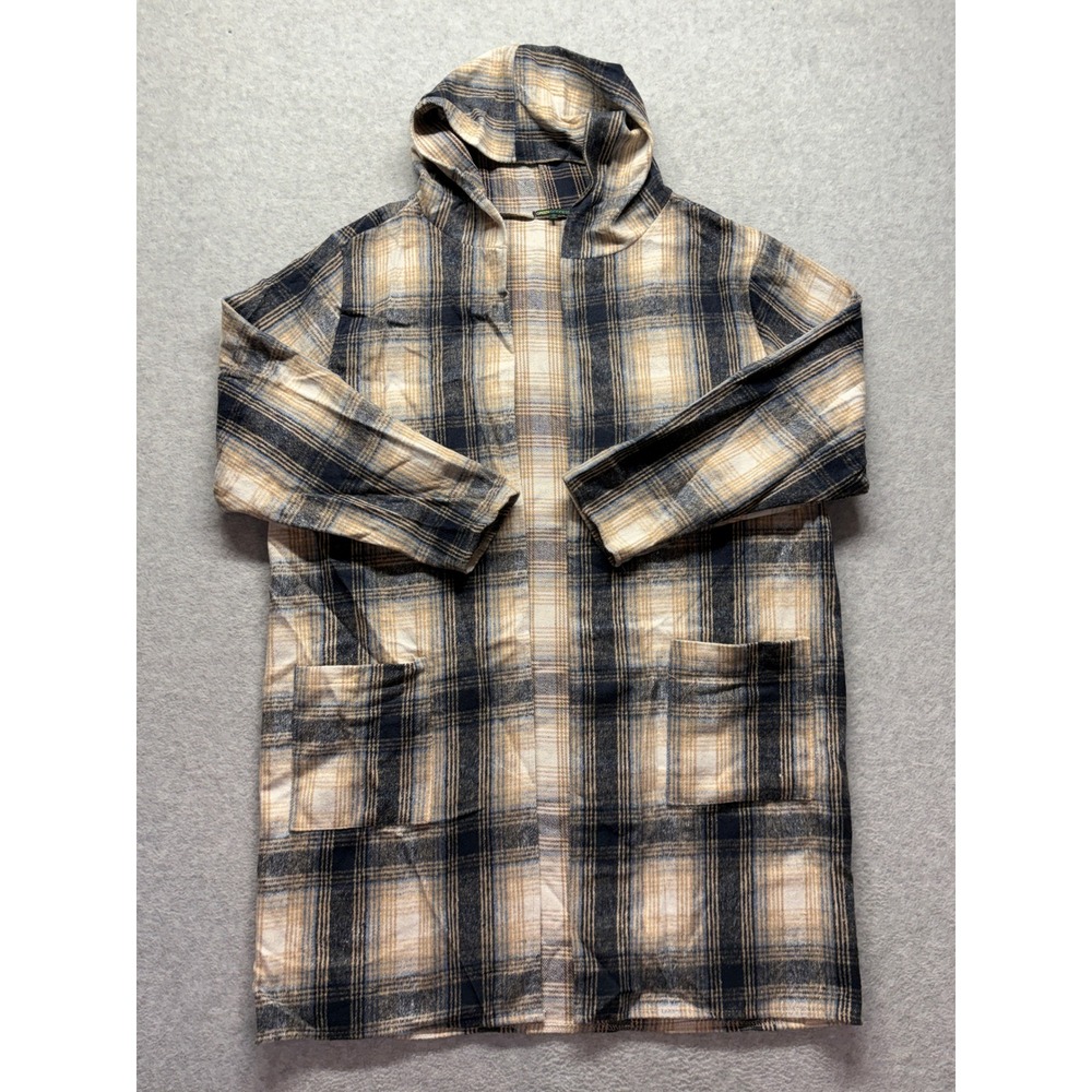 Green Goddess Plaid Hooded Cardigan Robe Navy Tan Pockets HFC95 Plus Size 1X